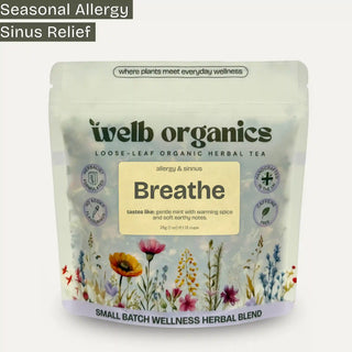 welb organics herbal tea package for seasonal allergy and sinus relief with floral design on a white background.