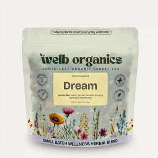 welb organics Healer herbal tea package with floral design on a light gray background