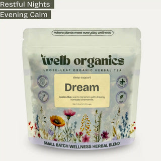 welb organics Dream herbal tea package with floral design on a white background