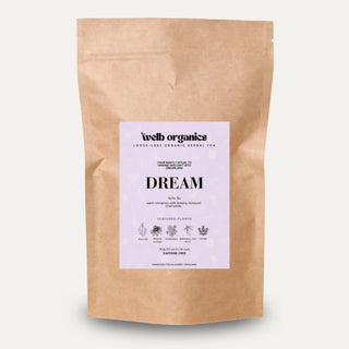 Kraft paper tea bag with a label "Dream" on a white background