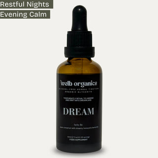 Brown bottle with dropper labeled 'welb organics' on a white background