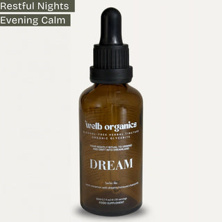 Brown bottle with dropper labeled 'welb organics' on a white background