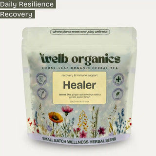 welb organics Healer herbal tea package with floral design on a white background
