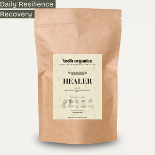 Kraft paper bag of 'Healer' tea from welb organics on a light gray background