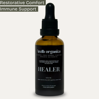 Brown glass bottle with dropper labeled 'welb organics Healer' on a white background
