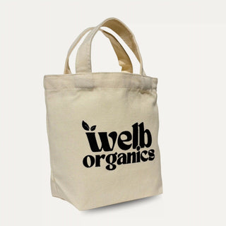 Beige tote bag with 'welb organics' text on a neutral background