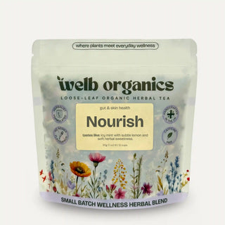 welb organics loose-leaf organic herbal tea package with floral design on a white background