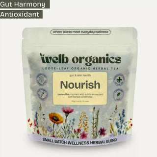 welb organics herbal tea package with floral design on a white background