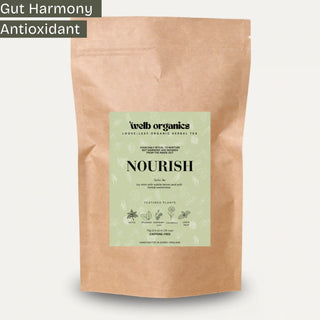 Kraft paper tea bag with 'Nourish' label on a white background