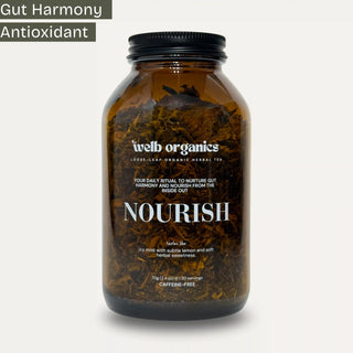 Jar of welb organics Nourish tea on a white background