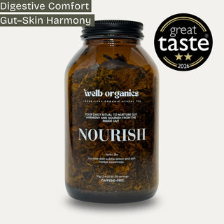 A bottle of Web Organics Nourish herbal tea on a light gray background, featuring a black lid and a black circular 'great taste 2026' badge. Text in the top left corner reads 'Gut Harmony Antioxidant'.