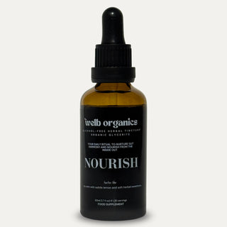 Brown bottle with dropper labeled 'Nourish' on a neutral background