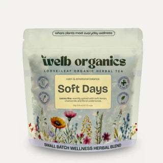 welb organics Soft Days herbal tea package with floral design on a white background