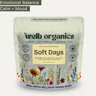 welb organics Soft Days herbal tea package with floral design on a white background