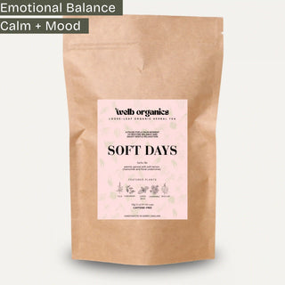 Kraft paper tea bag labeled 'Soft Days' by welb organics on a light gray background.