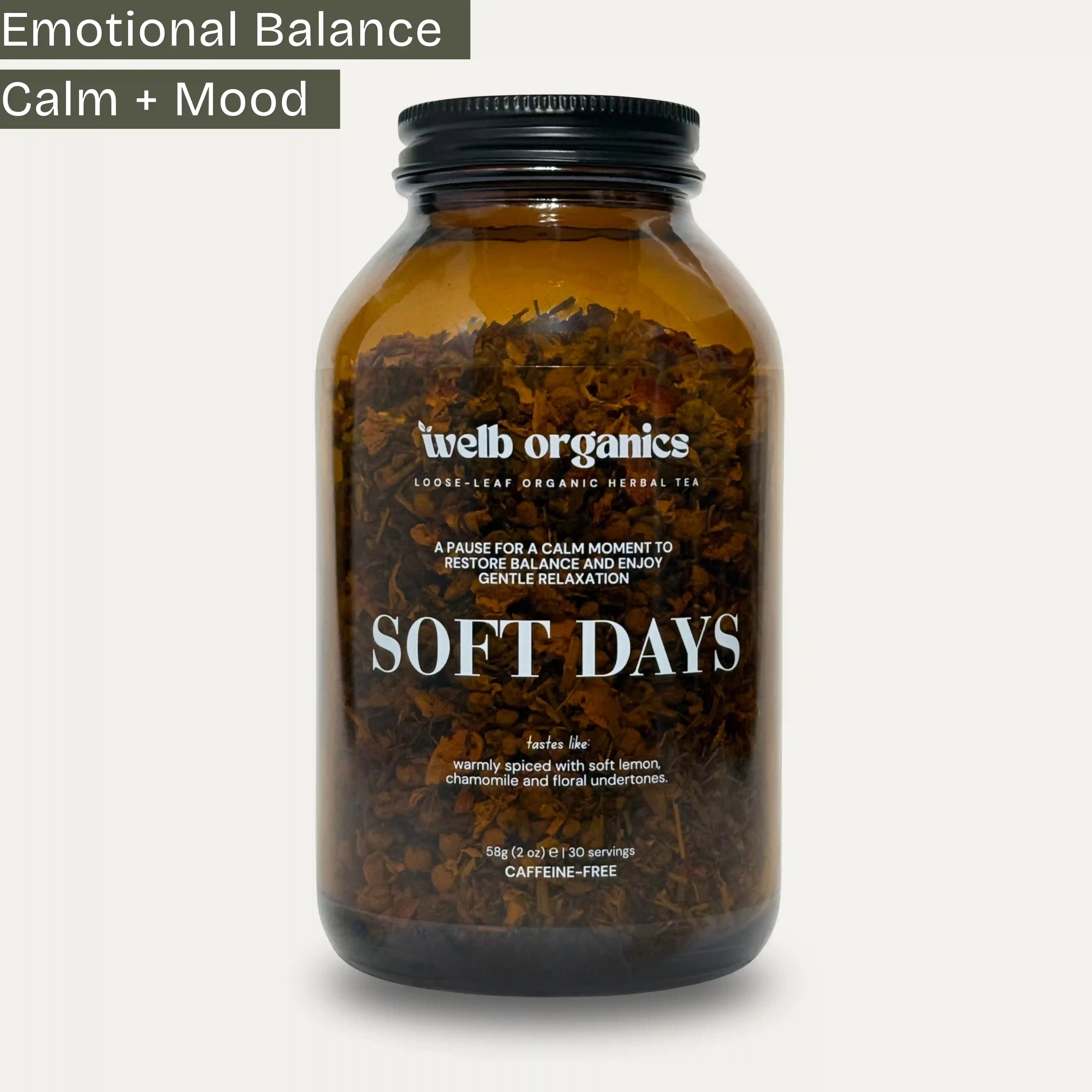 Jar of 'Soft Days' tea from welb organics with a focus on emotional balance and mood.