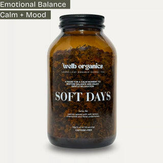 Jar of 'Soft Days' tea from welb organics with a focus on emotional balance and mood.