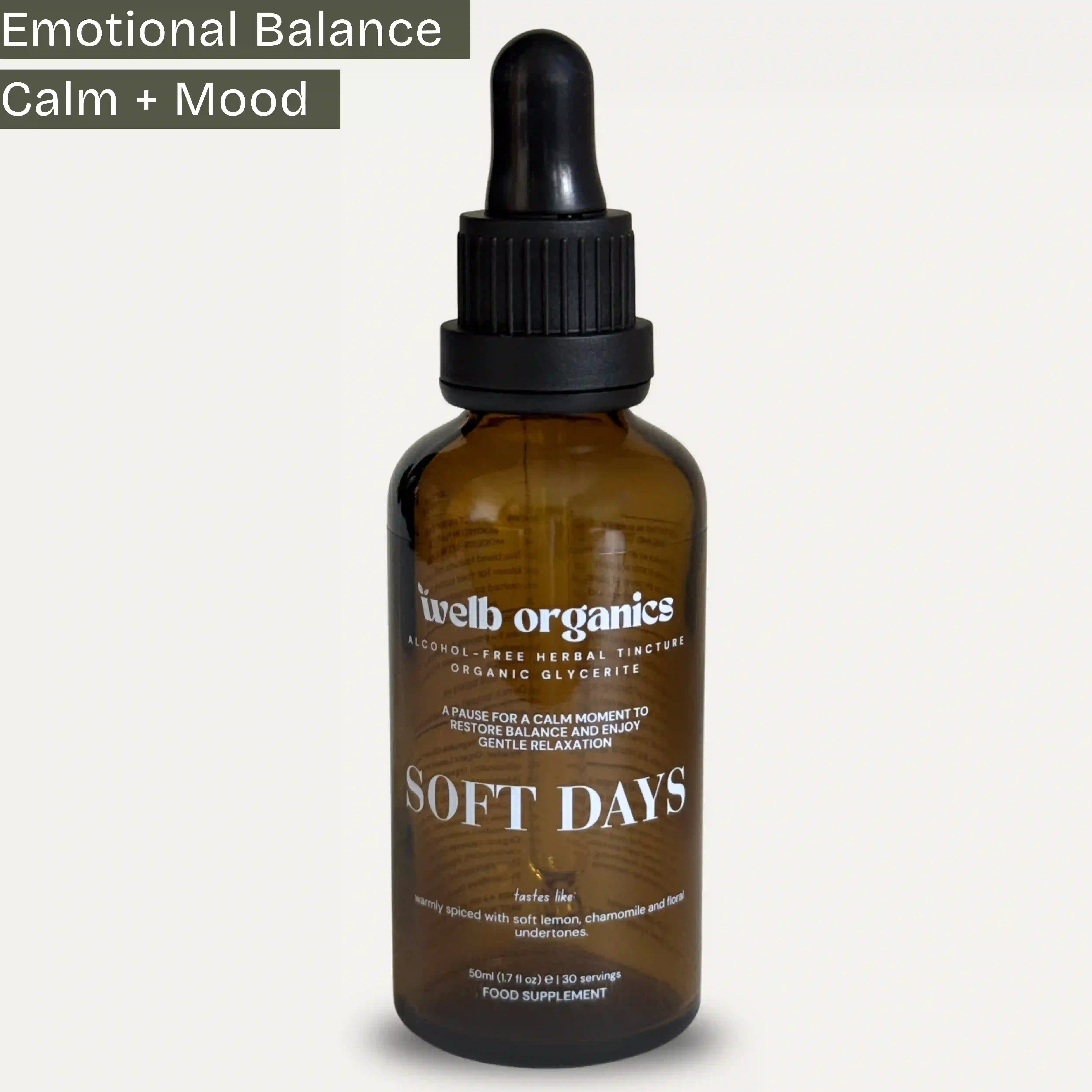 Brown bottle with dropper labeled 'Soft Days' by Welb Organics on a white background