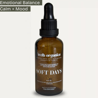 Brown bottle with dropper labeled 'Soft Days' by Welb Organics on a white background