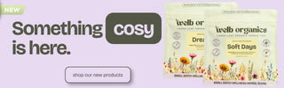 Cosy brand packaging with herbal blends on a light purple background