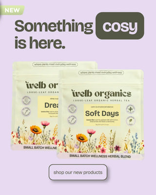Two packages of welb organics tea on a light purple background with 'cosy' branding.
