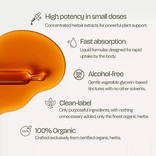 Orange liquid dropper with text about high potency, fast absorption, alcohol-free, clean-label, and 100% organic properties on a white background.